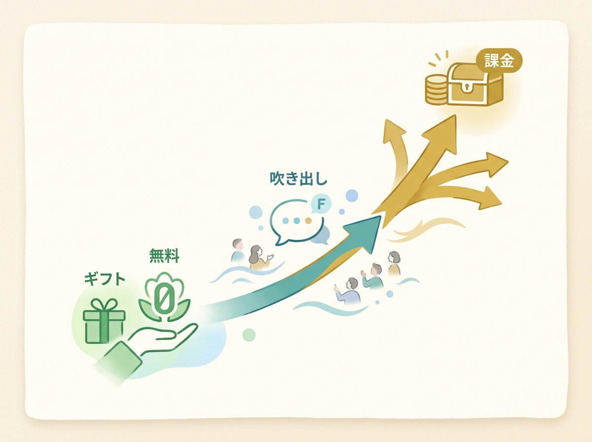 無料で公開してからフィードバックを得て課金に切り替える流れを示すシンプルなイメージ