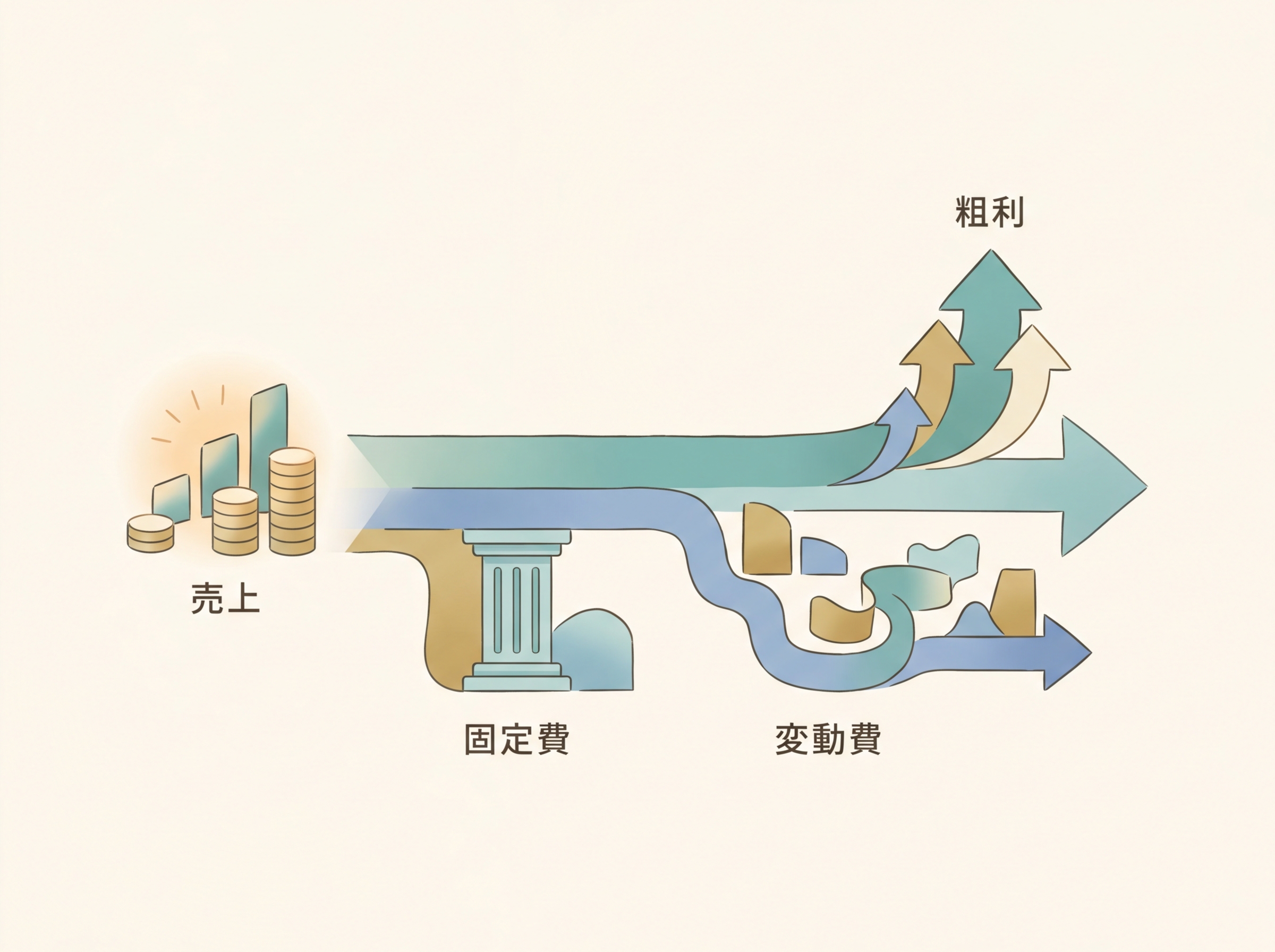 売上・固定費・変動費・粗利の4要素を示すシンプルな収支フロー図
