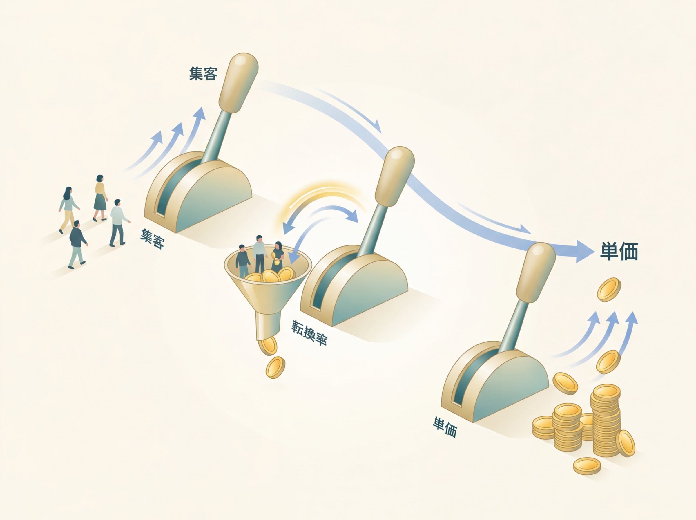 集客・転換率・単価の3レバーと改善優先順位を示すシンプルなフロー図