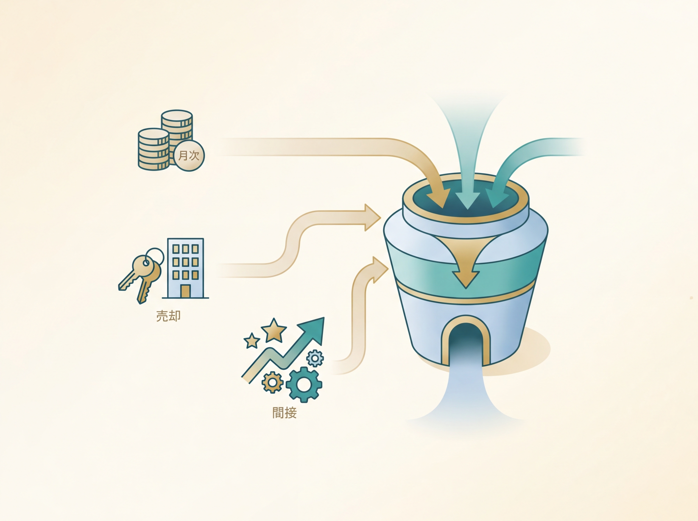 月次売上・売却・間接収益など複数の回収ルートを示すシンプルな図