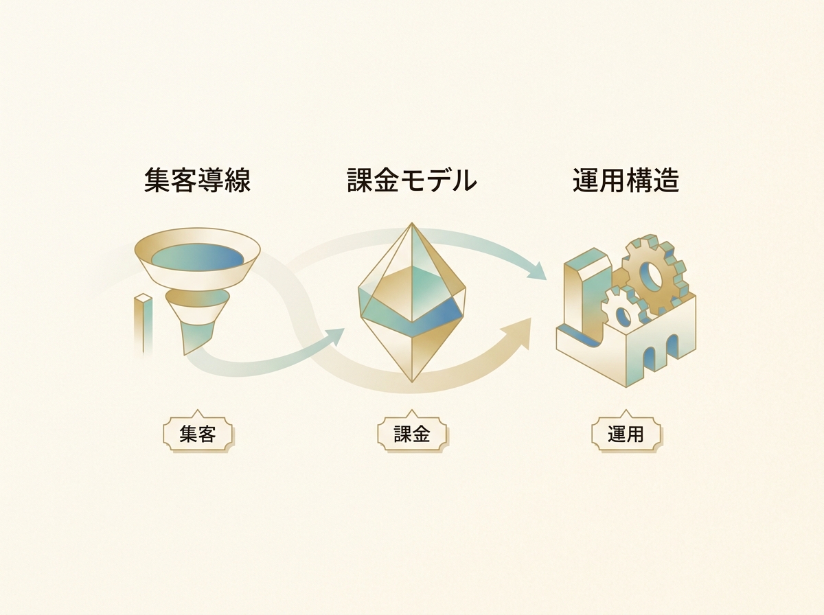 成功例を3つの軸（集客導線・課金モデル・運用構造）で分解するイメージ