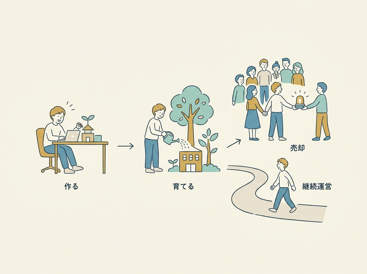 個人開発のサイクル「作る→育てる→Exit（売却 or 継続運営）」の流れ