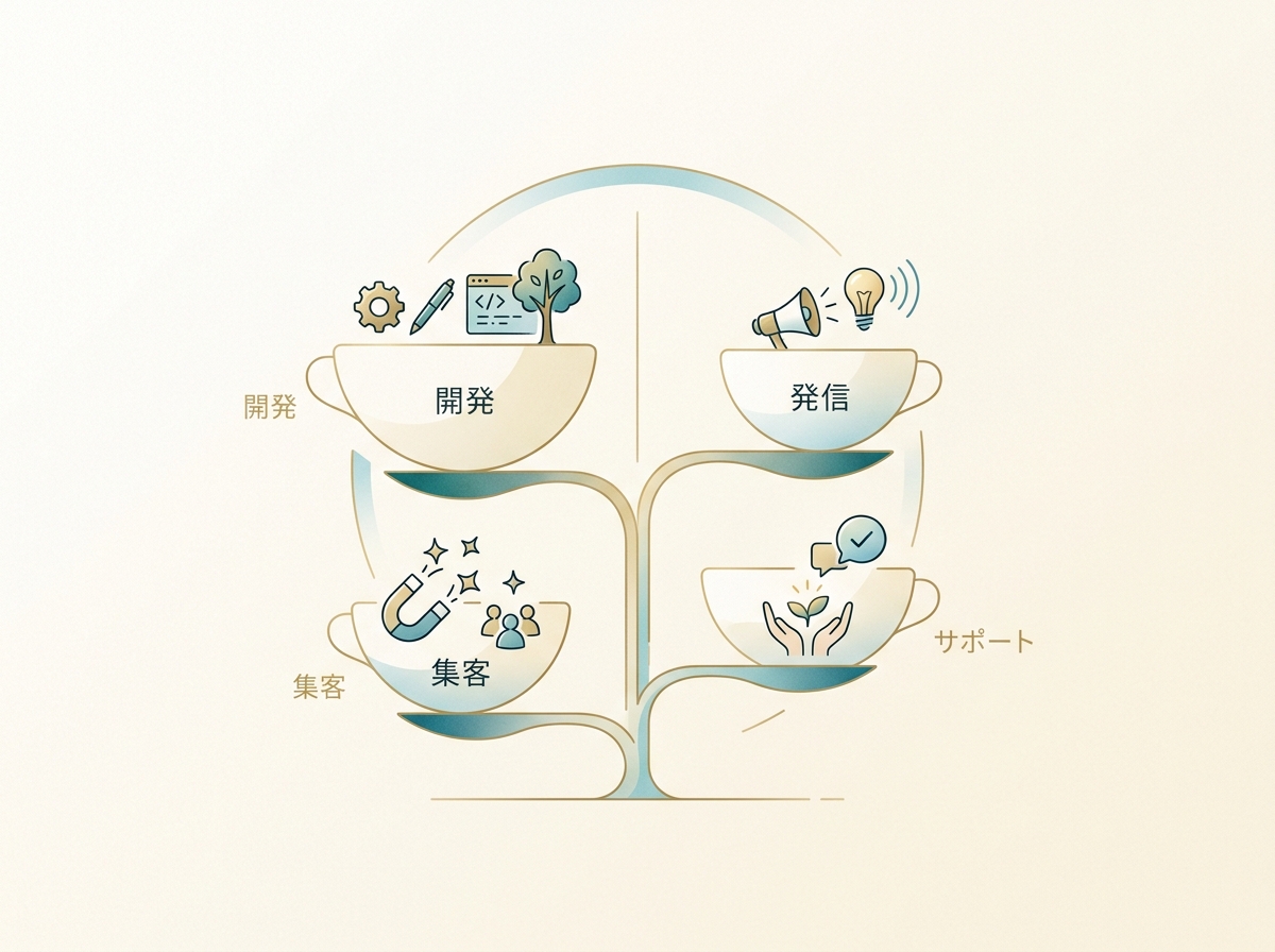 個人開発の時間配分イメージ（開発・発信・集客・サポートのバランス）