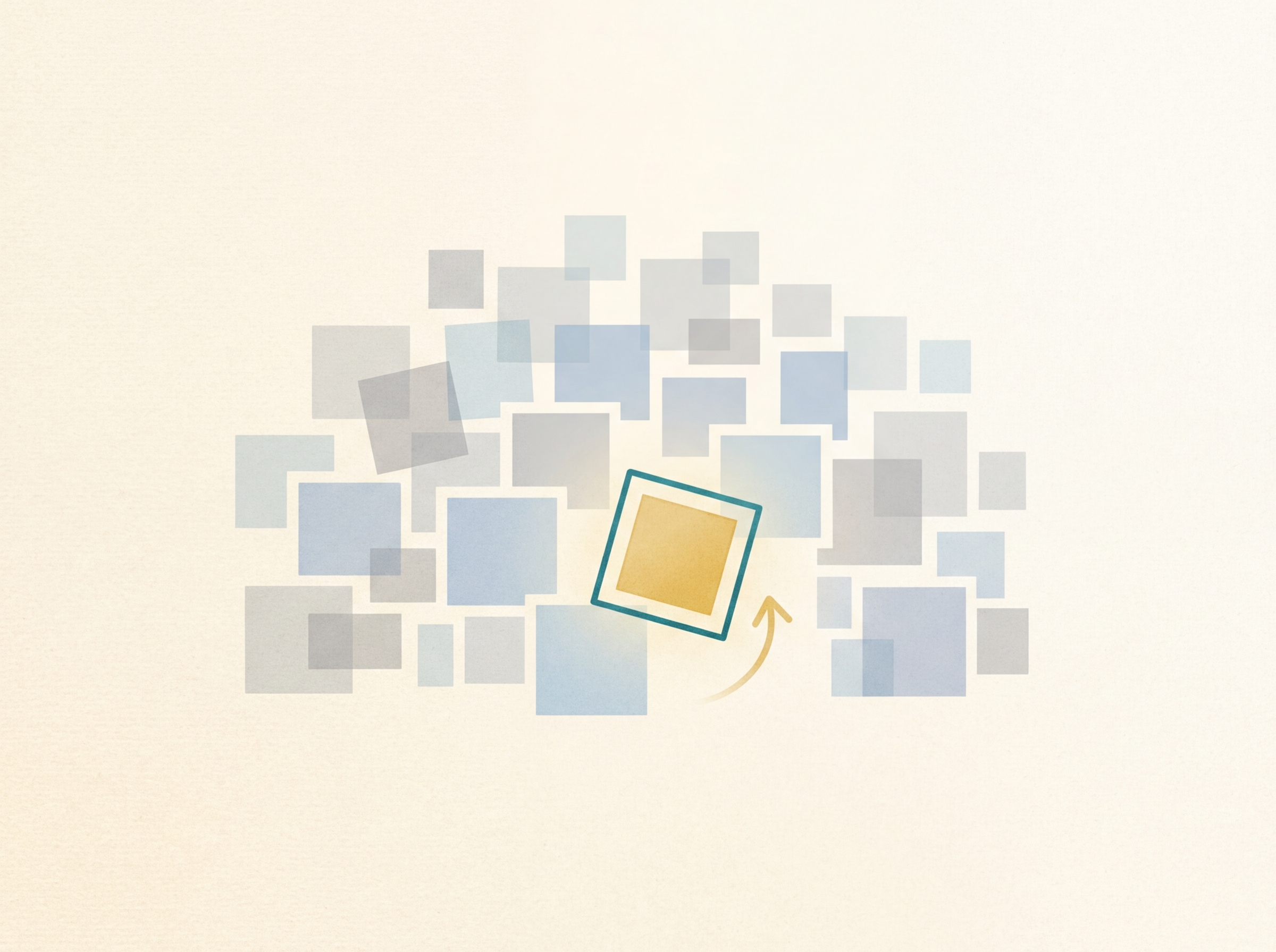 大量の作品の中から1つが発見される様子を表すシンプルなイメージ