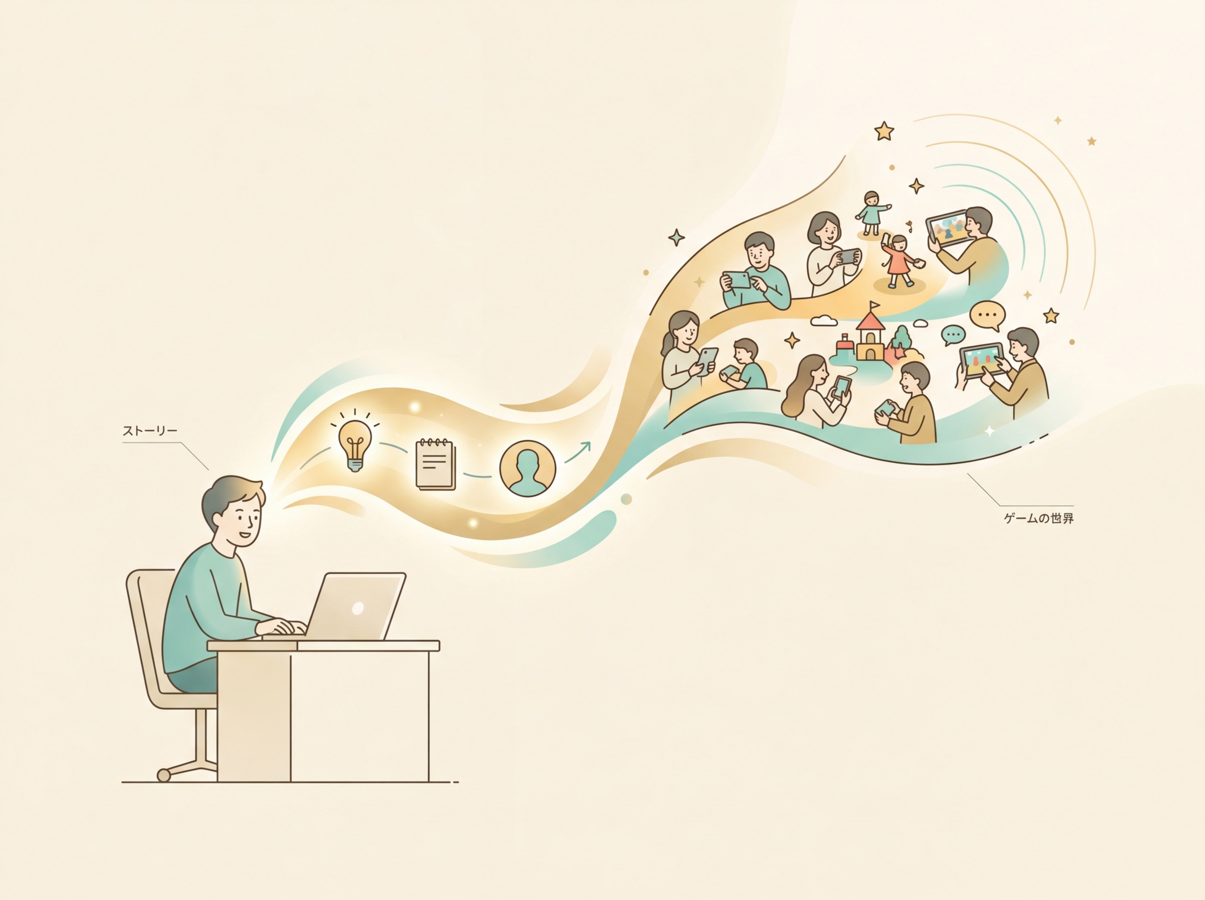 開発者のストーリーとゲームがセットで広がるイメージ