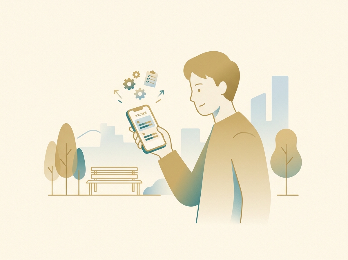 外出先からスマートフォンでエージェントのタスク状況を確認するイメージ