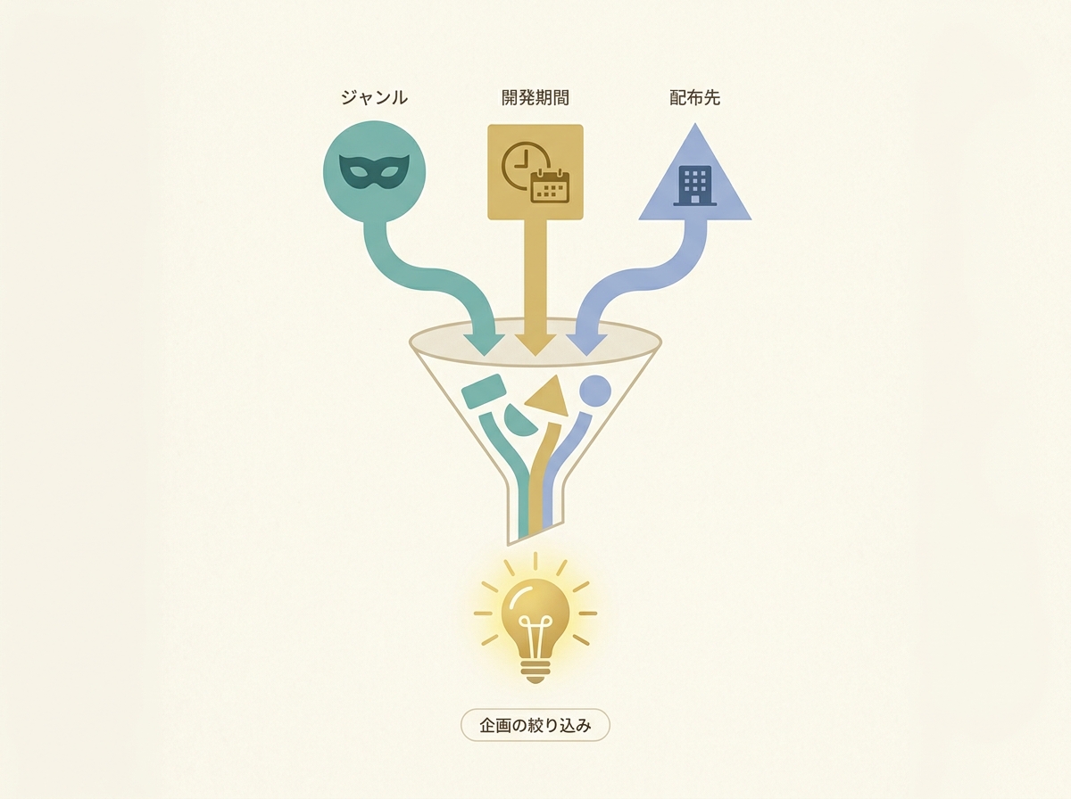 ジャンル・開発期間・配布先の3要素から逆算して企画を絞り込むイメージ